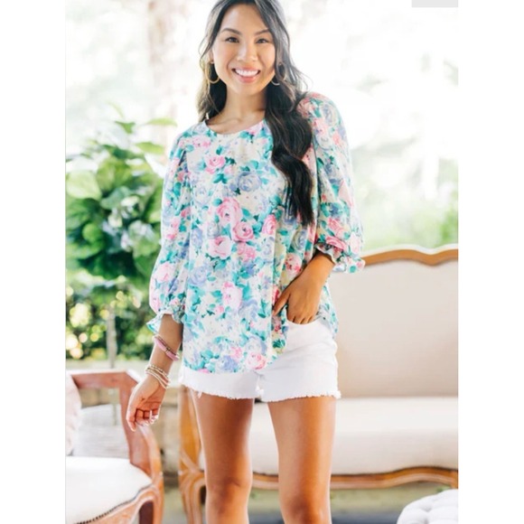 ANDREE BY UNIT Tops - Andree‎ by Unit Floral Puff Sleeve Blouse Pink Teal Blue Watercolor Rose Top L